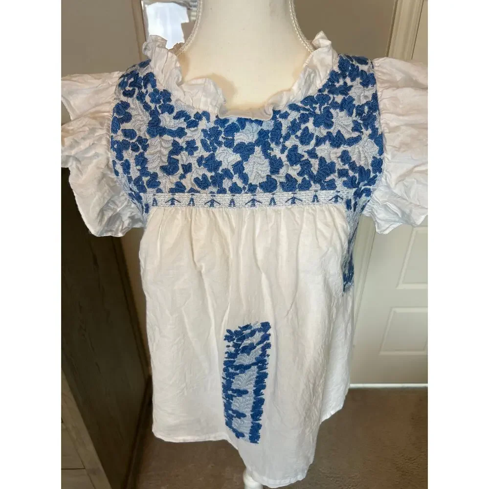 j. marie | White/Blue Embroidered Floral Ruffle Sleeve Peasant Top | SM - Picture 4 of 10